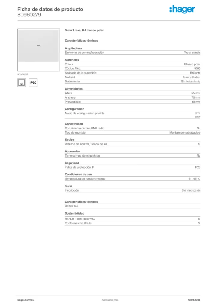 Imagen Hager Ficha de datos de producto 80960279 | Hager España