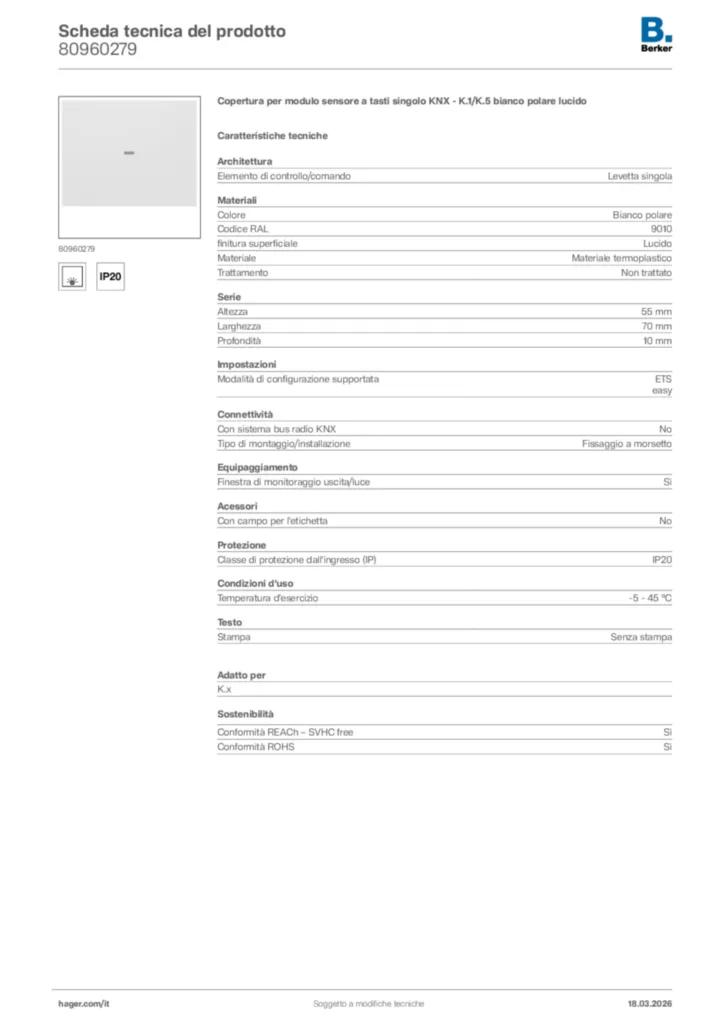 Immagine Berker Scheda tecnica del prodotto 80960279 | Hager Italia