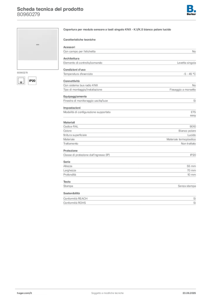 Immagine Berker Scheda tecnica del prodotto 80960279 | Hager Italia