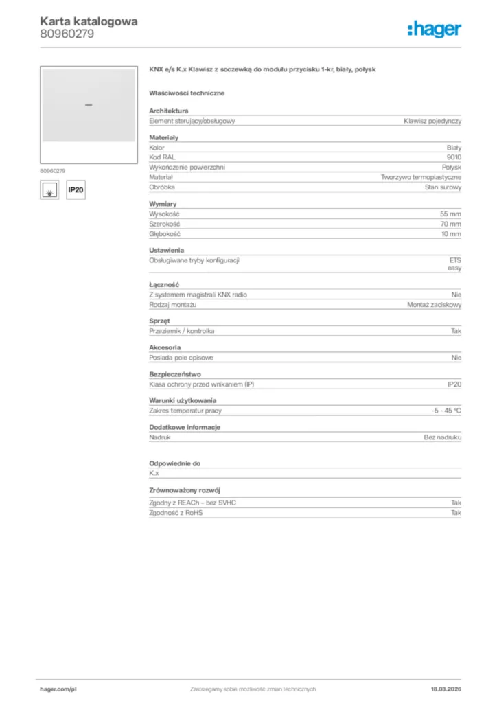 Zdjęcie Hager Karta katalogowa 80960279 | Hager Polska