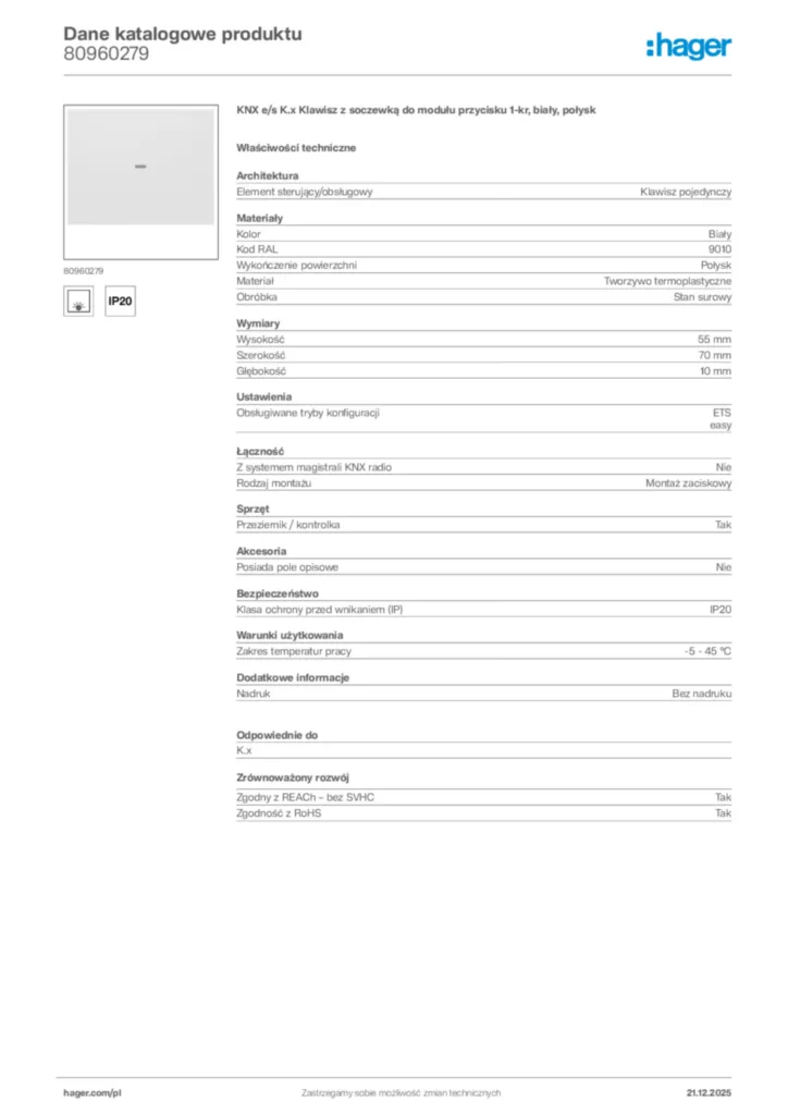 Zdjęcie Hager Dane katalogowe produktu 80960279 | Hager Polska