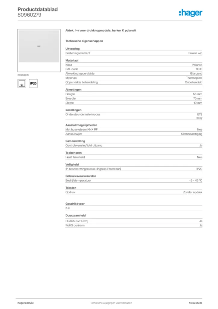 Afbeelding Hager Productdatablad 80960279 | Hager Nederland