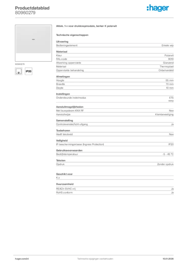 Afbeelding Hager Productdatablad 80960279 | Hager Nederland