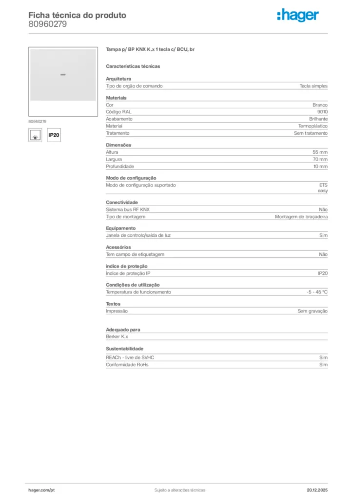 Imagem Hager Ficha técnica do produto 80960279 | Hager Portugal