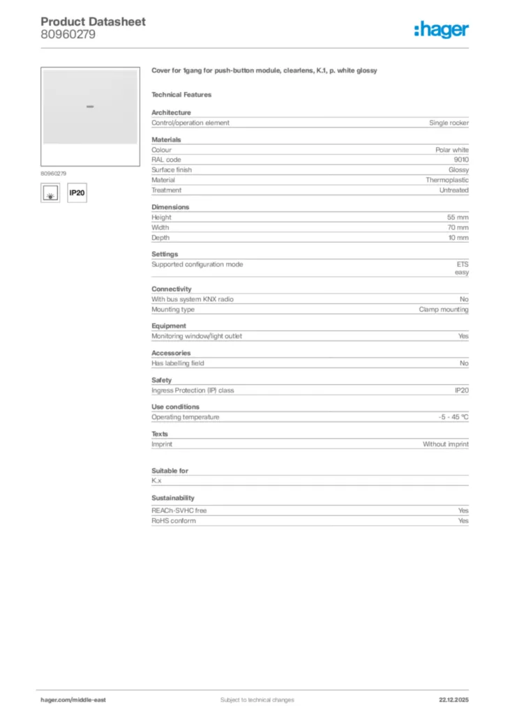 Image Hager Product data sheet 80960279  | Hager