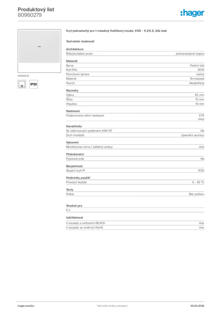Obrázek Hager Product data sheet 80960279 | Hager