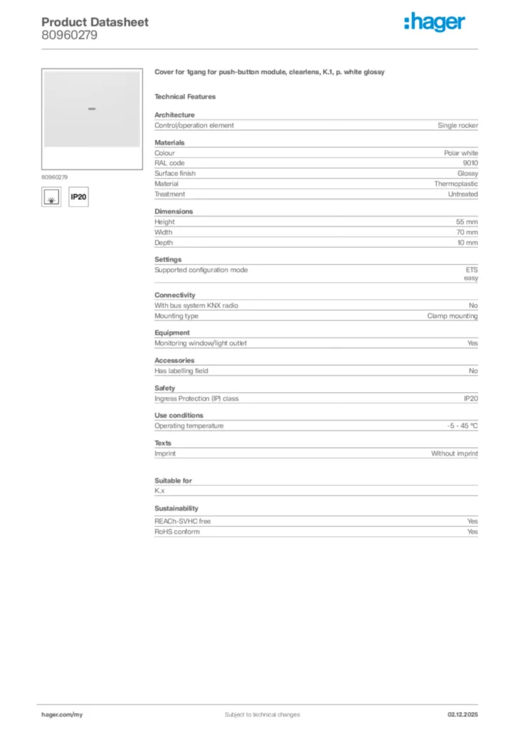 Image Hager Product data sheet 80960279  | Hager