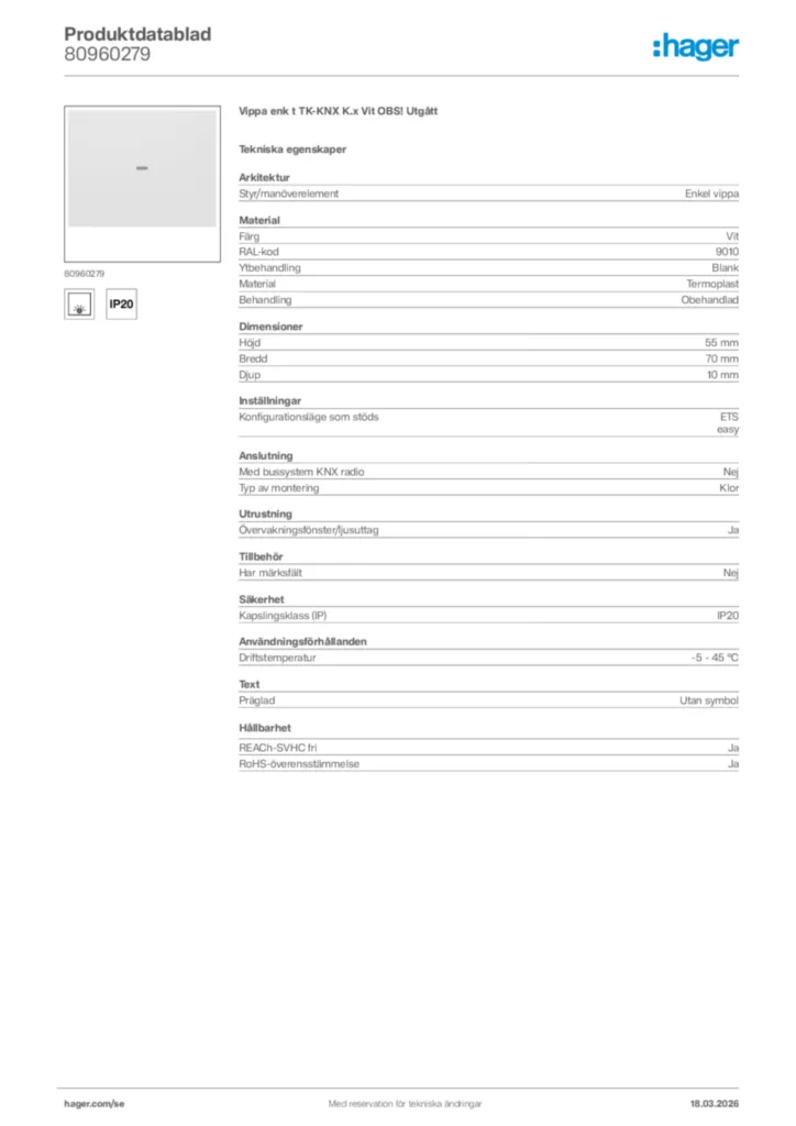 Bild Hager Produktdatablad 80960279 | Hager Sverige