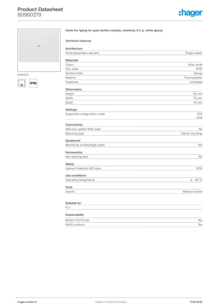 Image Hager Product data sheet 80960279  | Hager
