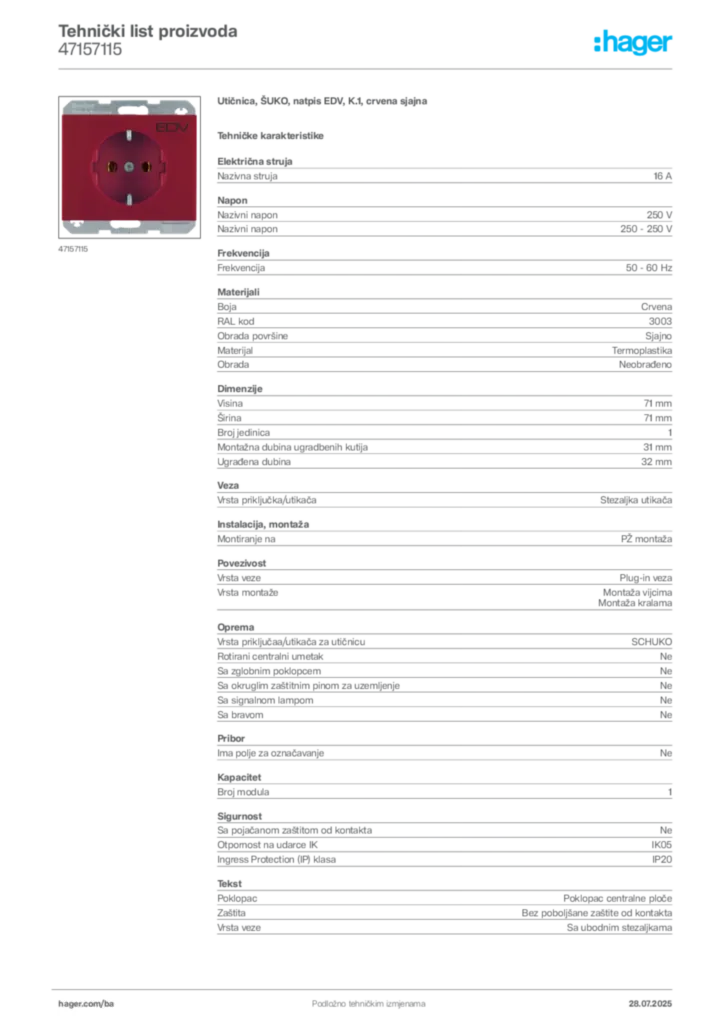 Slika Hager Product data sheet 47157115  | Hager