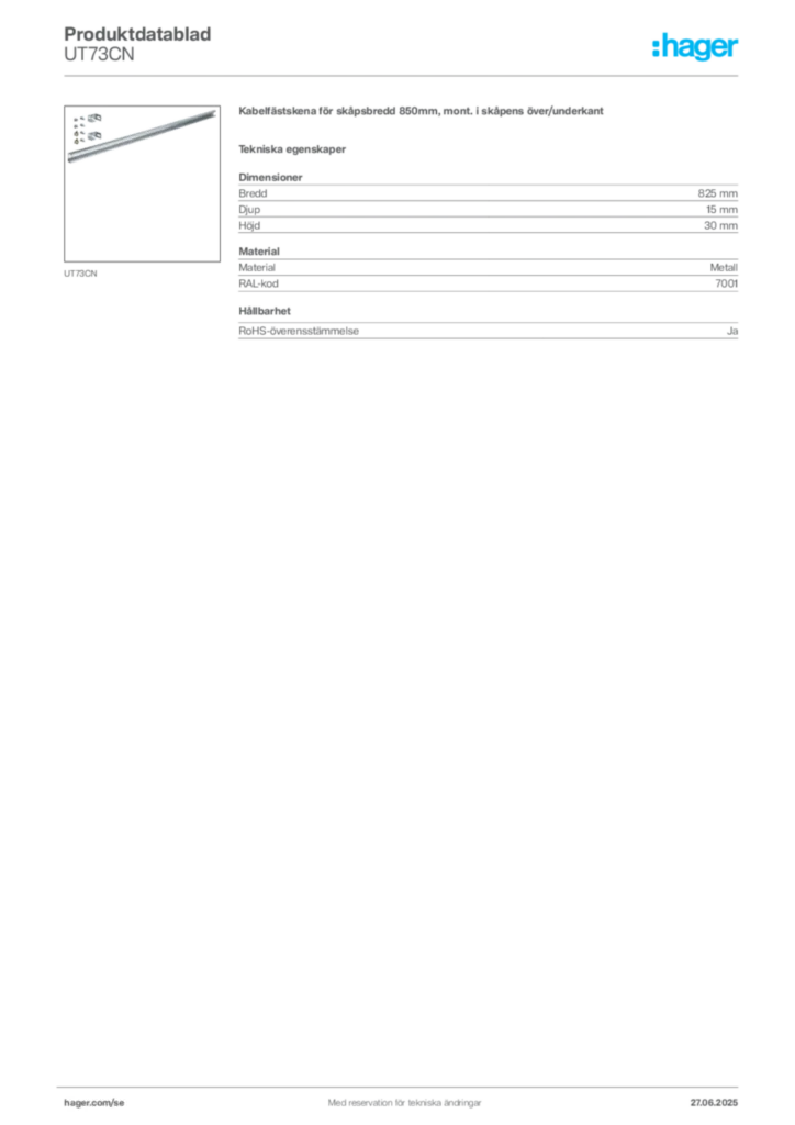 Bild Hager Produktdatablad UT73CN | Hager Sverige