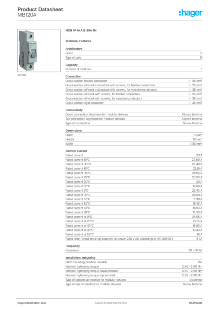 Image Hager Product data sheet MB120A  | Hager