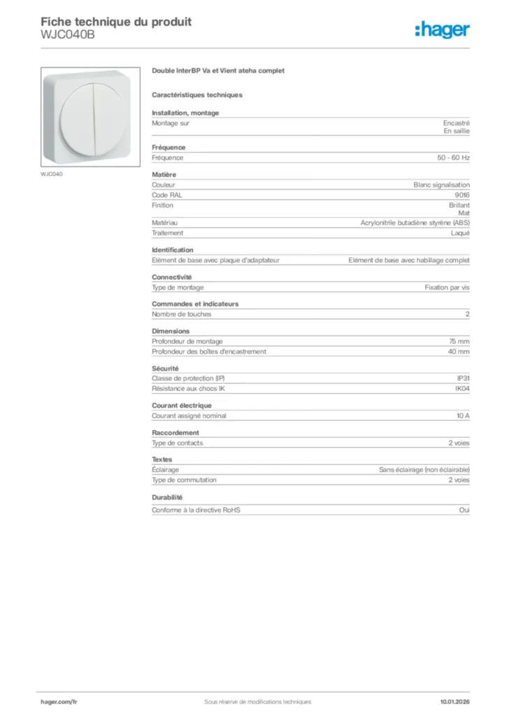 Image Hager Fiche technique du produit WJC040B | Hager France