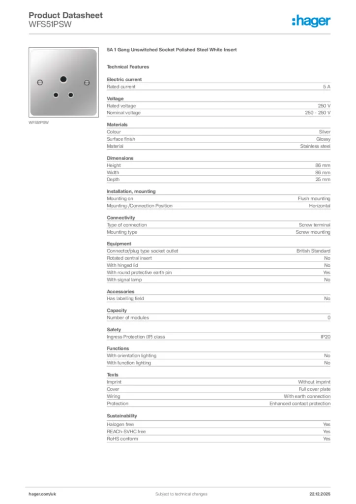 Image Hager Product data sheet WFS51PSW  | Hager