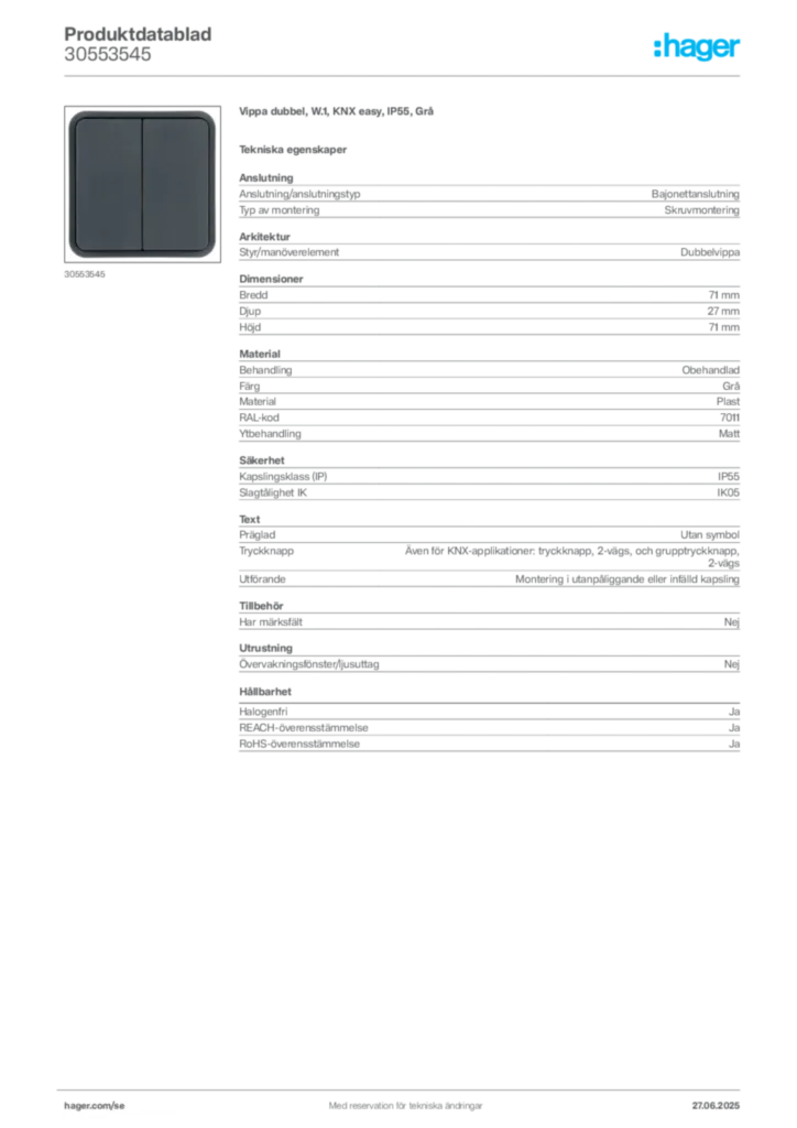 Bild Hager Produktdatablad 30553545 | Hager Sverige