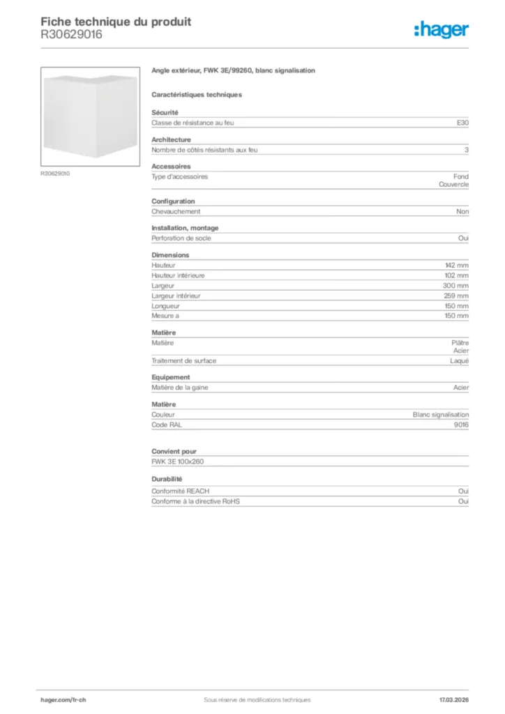 Image Hager Fiche technique du produit R30629016 | Hager Suisse