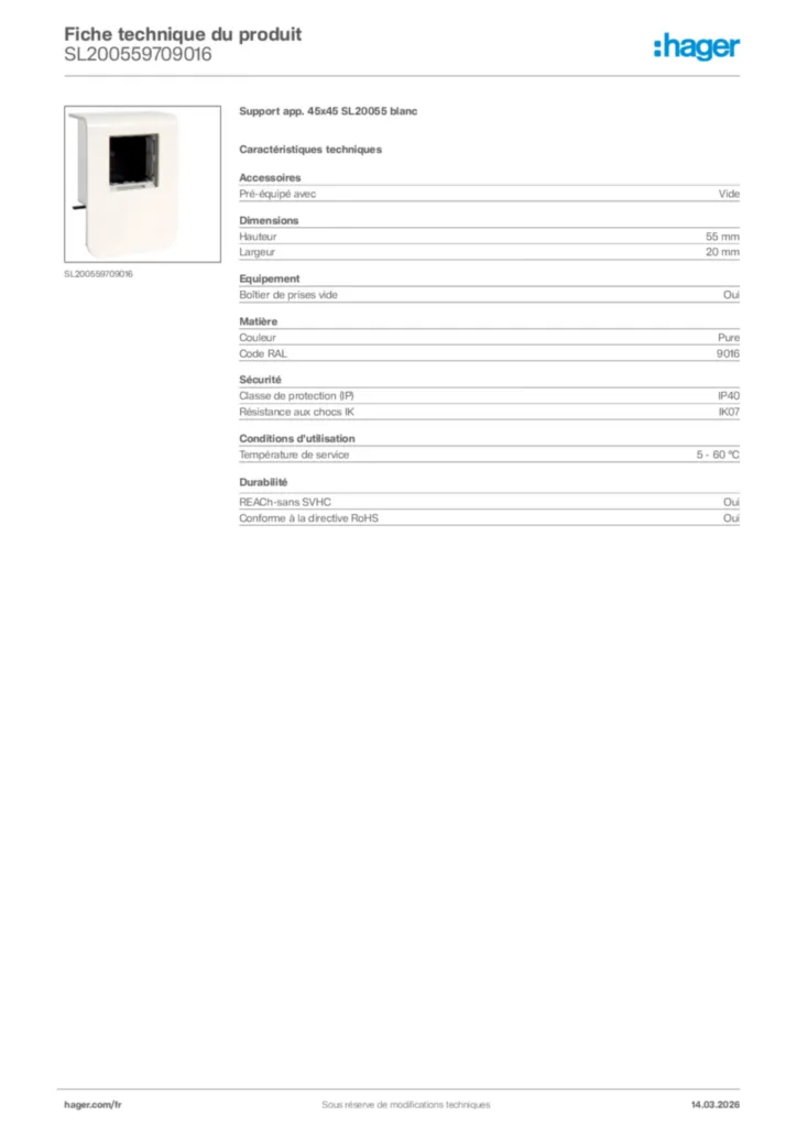 Image Hager Fiche technique du produit SL200559709016 | Hager France