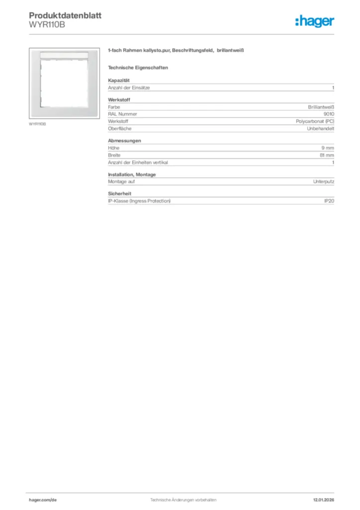 Bild Hager Produktdatenblatt WYR110B | Hager Deutschland