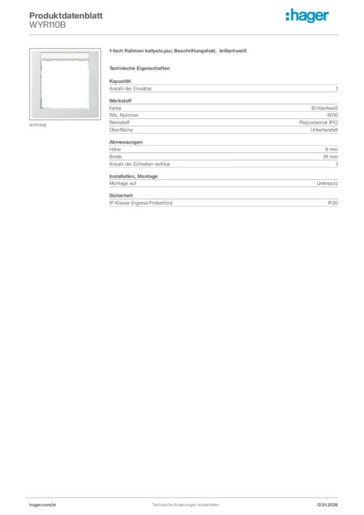 Bild Hager Produktdatenblatt WYR110B | Hager Deutschland