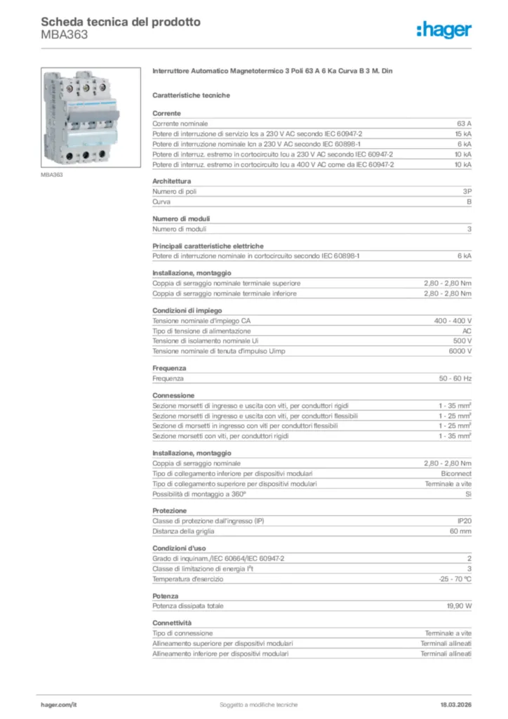 Immagine Hager Scheda tecnica del prodotto MBA363 | Hager Italia