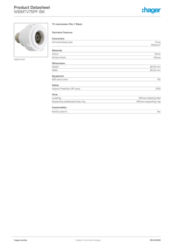 Image Hager Product data sheet WBMTV75PF-BK  | Hager Australia