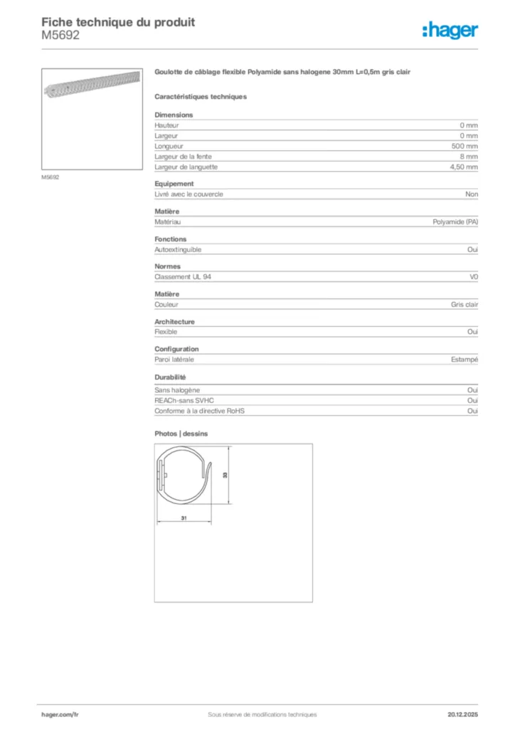 Image Hager Fiche technique du produit M5692 | Hager France