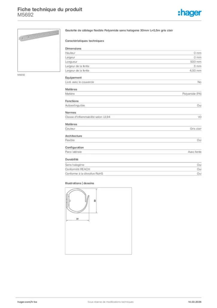 Image Hager Fiche technique du produit M5692 | Hager Belgique