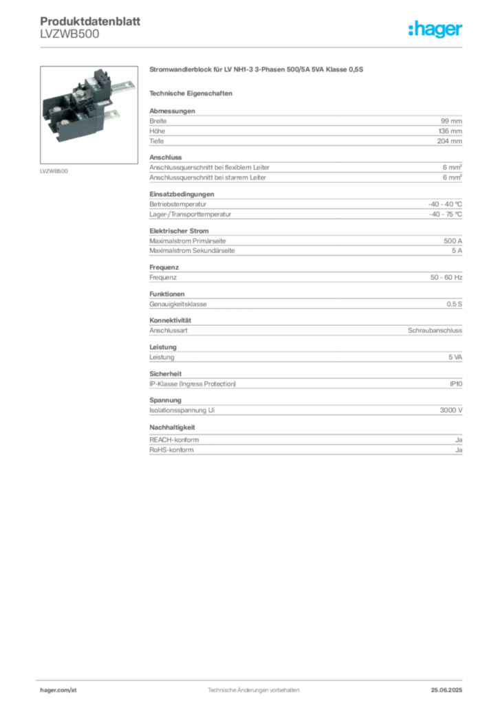 Bild Hager Produktdatenblatt LVZWB500 | Hager Deutschland