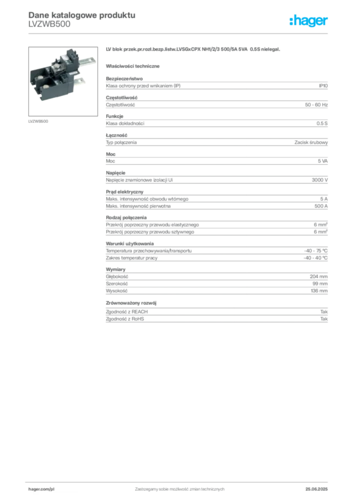 Zdjęcie Hager Dane katalogowe produktu LVZWB500 | Hager Polska