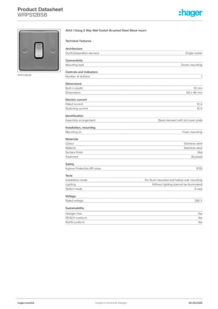 Image Hager Product data sheet WRPS12BSB  | Hager