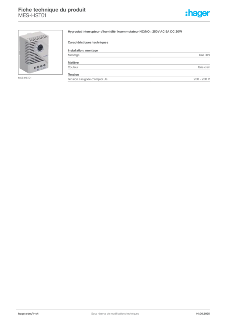 Image Hager Fiche technique du produit MES-HST01 | Hager Suisse