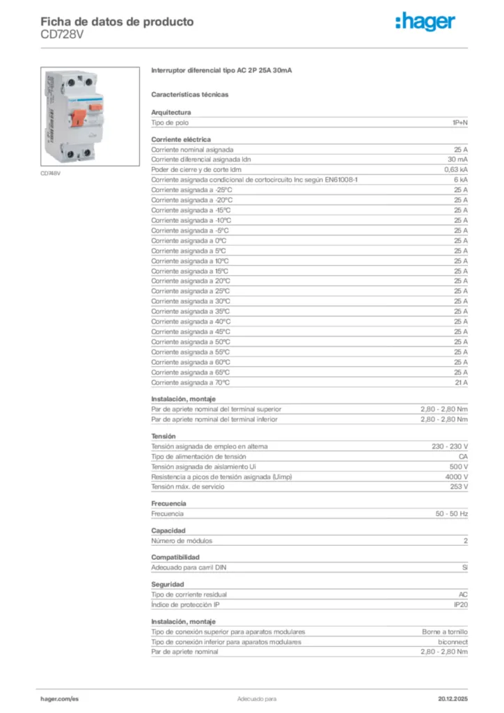 Imagen Hager Ficha de datos de producto CD728V | Hager España