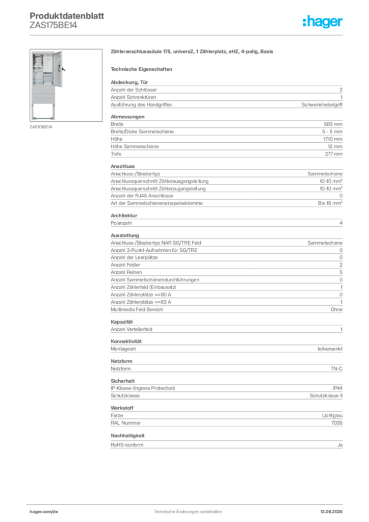 Hager Produktdatenblatt ZAS175BE14