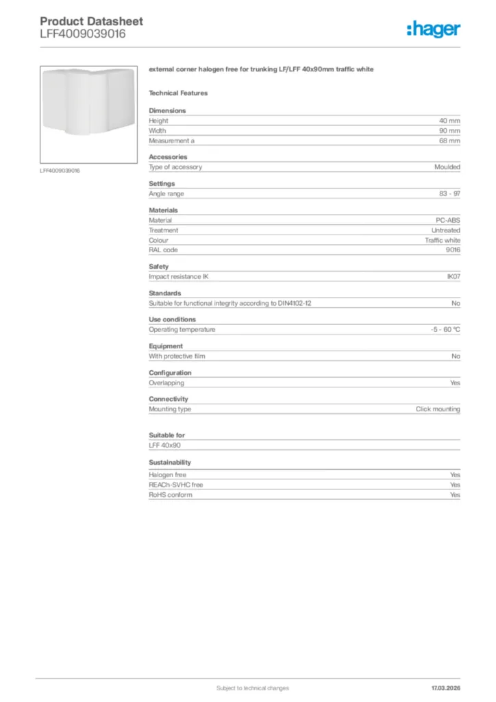 Image Hager Product data sheet LFF4009039016  | Hager Africa