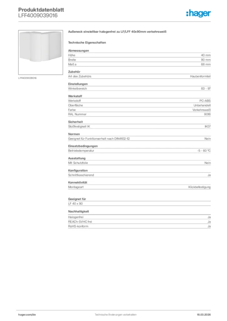 Bild Hager Produktdatenblatt LFF4009039016 | Hager Deutschland