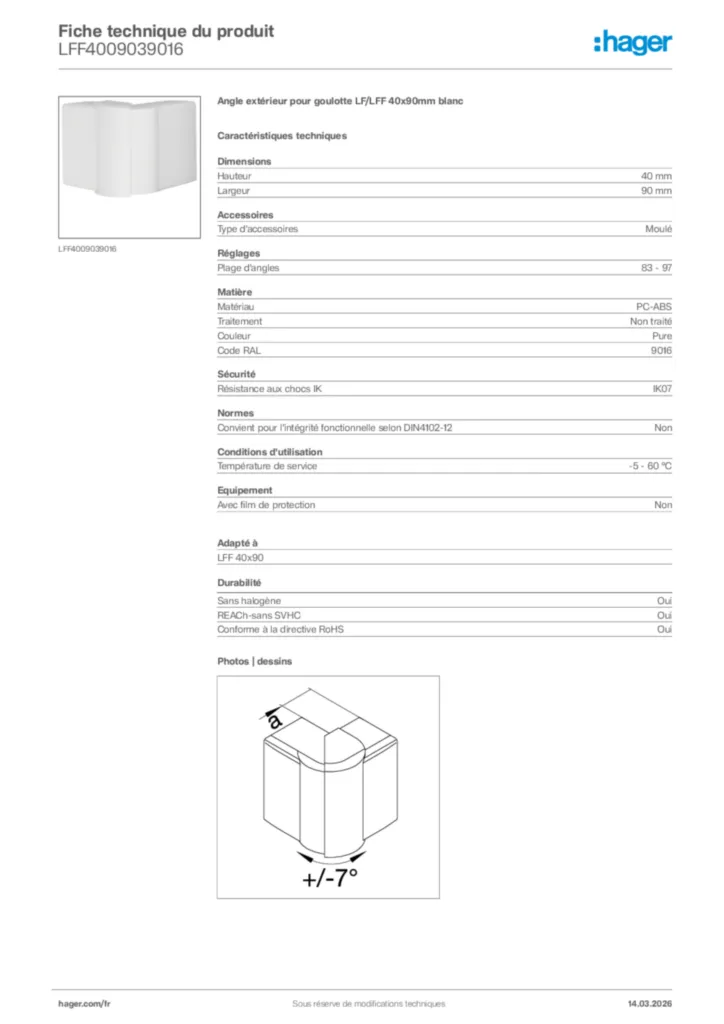 Image Hager Fiche technique du produit LFF4009039016 | Hager France