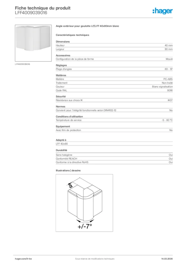 Image Hager Fiche technique du produit LFF4009039016 | Hager Belgique