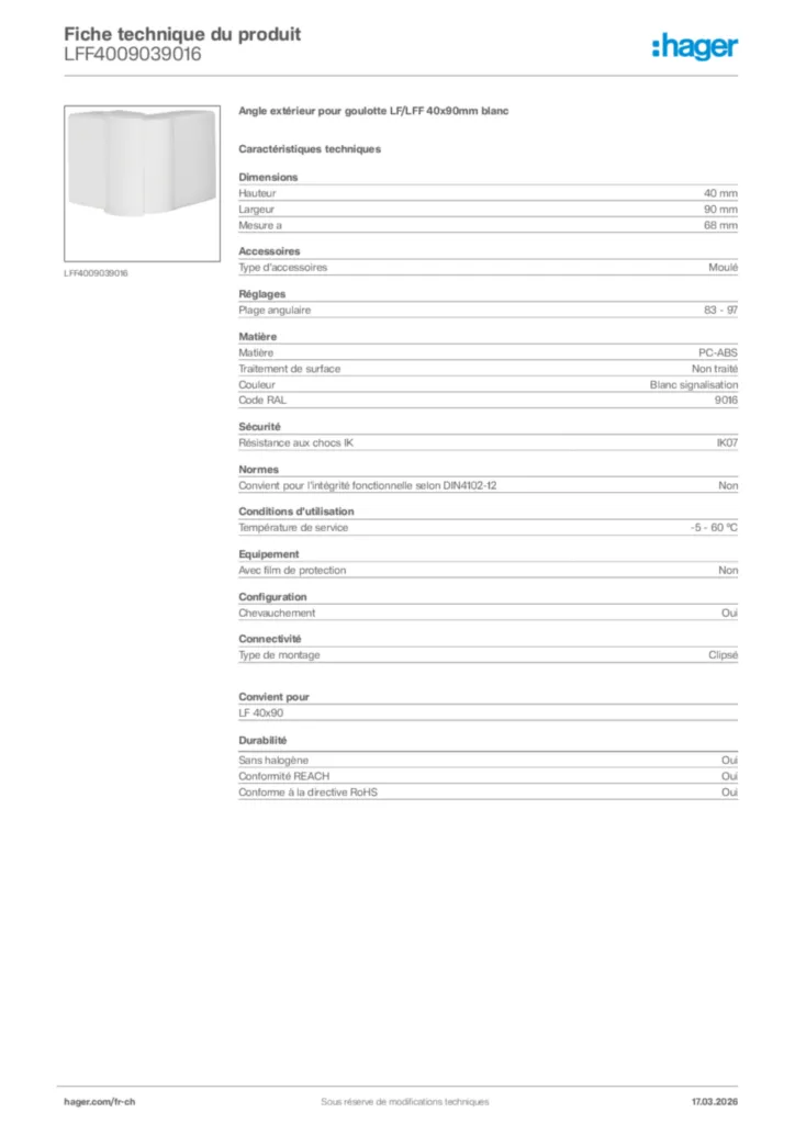 Image Hager Fiche technique du produit LFF4009039016 | Hager Suisse
