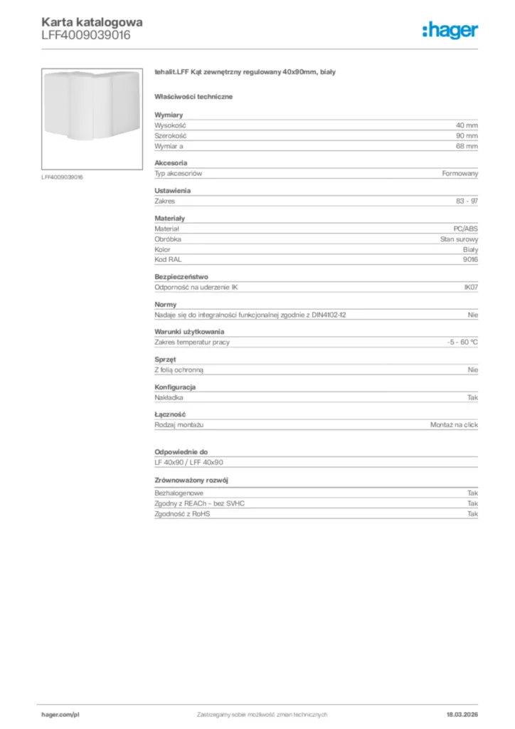 Zdjęcie Hager Karta katalogowa LFF4009039016 | Hager Polska