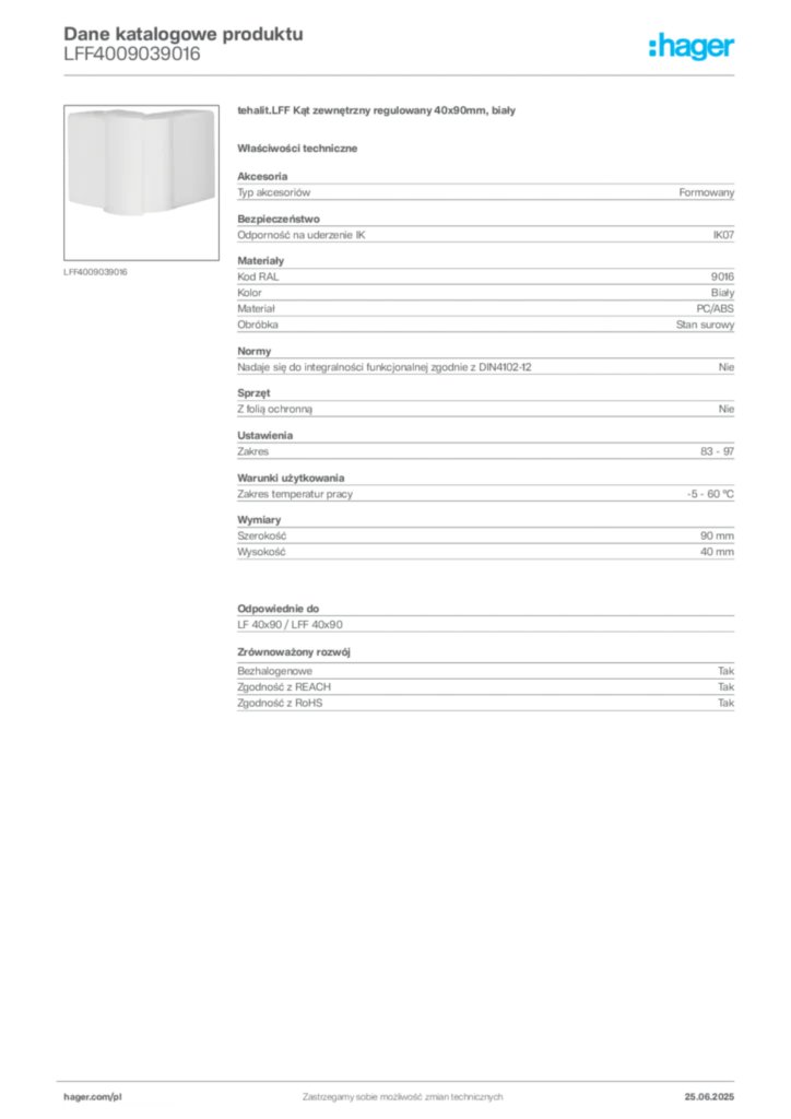 Zdjęcie Hager Dane katalogowe produktu LFF4009039016 | Hager Polska