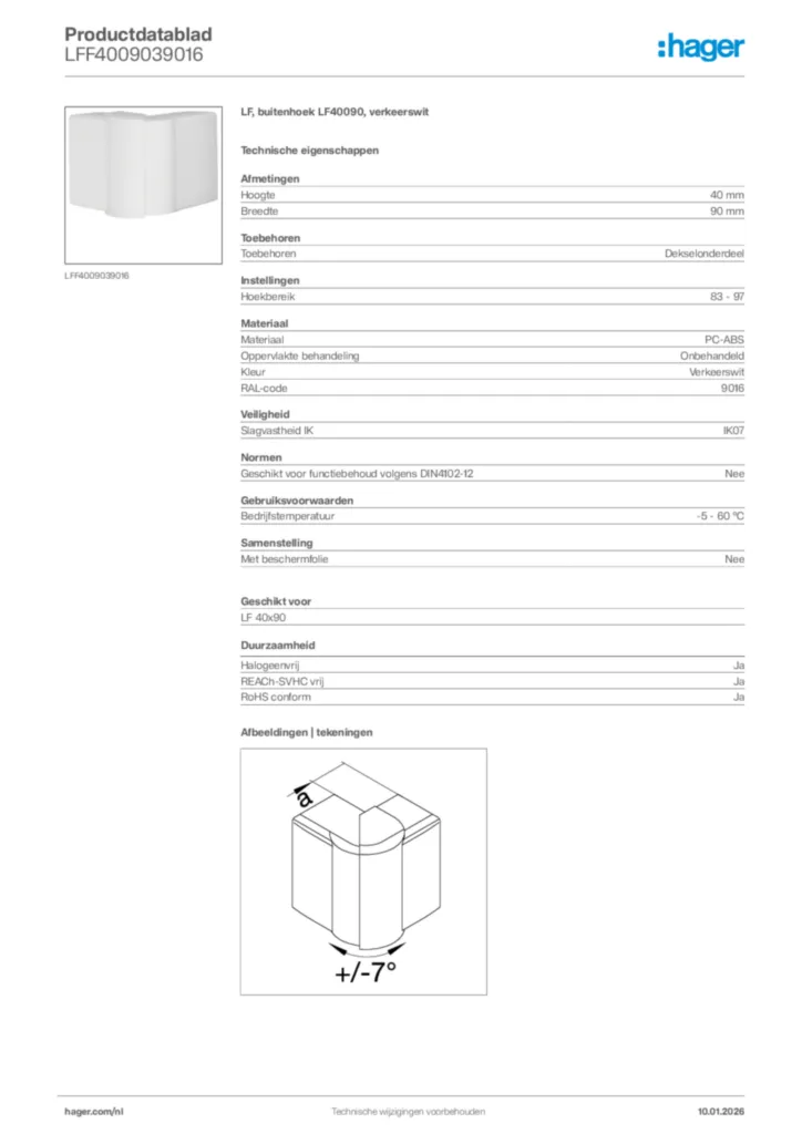 Afbeelding Hager Productdatablad LFF4009039016 | Hager Nederland