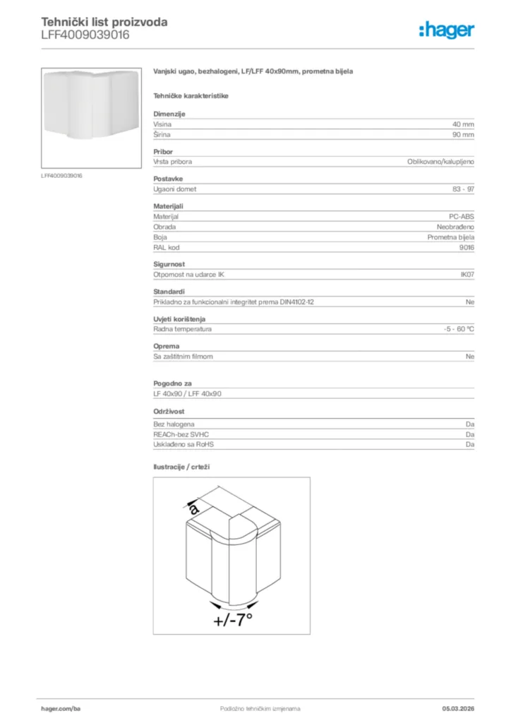 Slika Hager Tehnički list proizvoda LFF4009039016  | Hager
