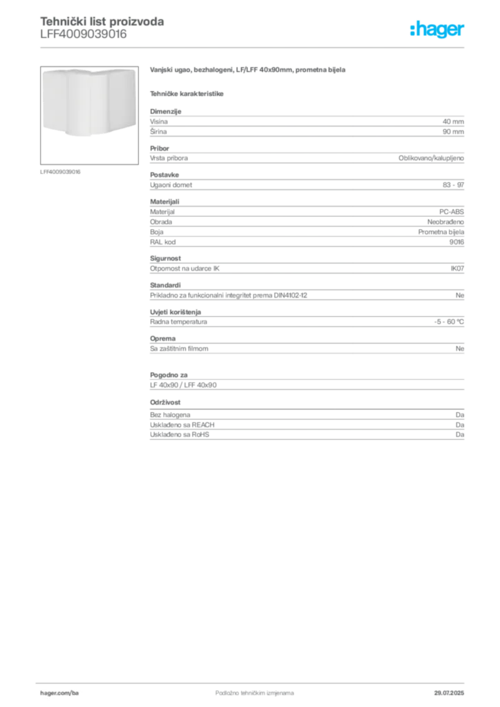 Slika Hager Product data sheet LFF4009039016  | Hager