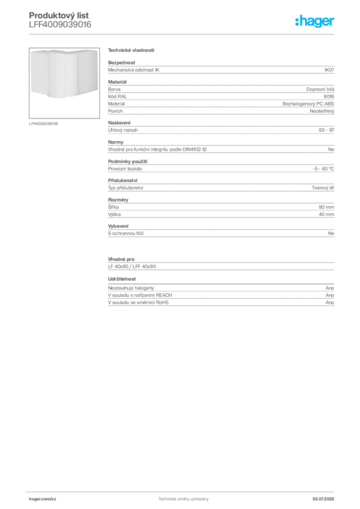 Obrázek Hager Produktový list LFF4009039016 | Hager