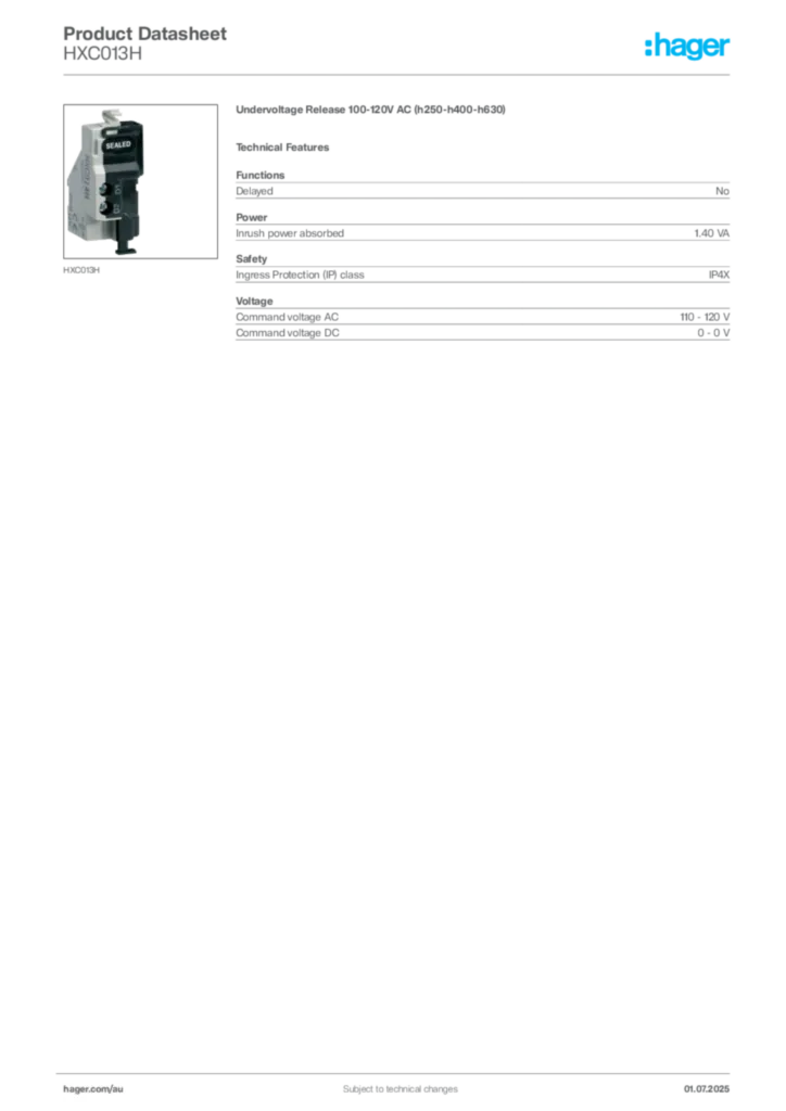 Image Hager Product data sheet HXC013H  | Hager Australia