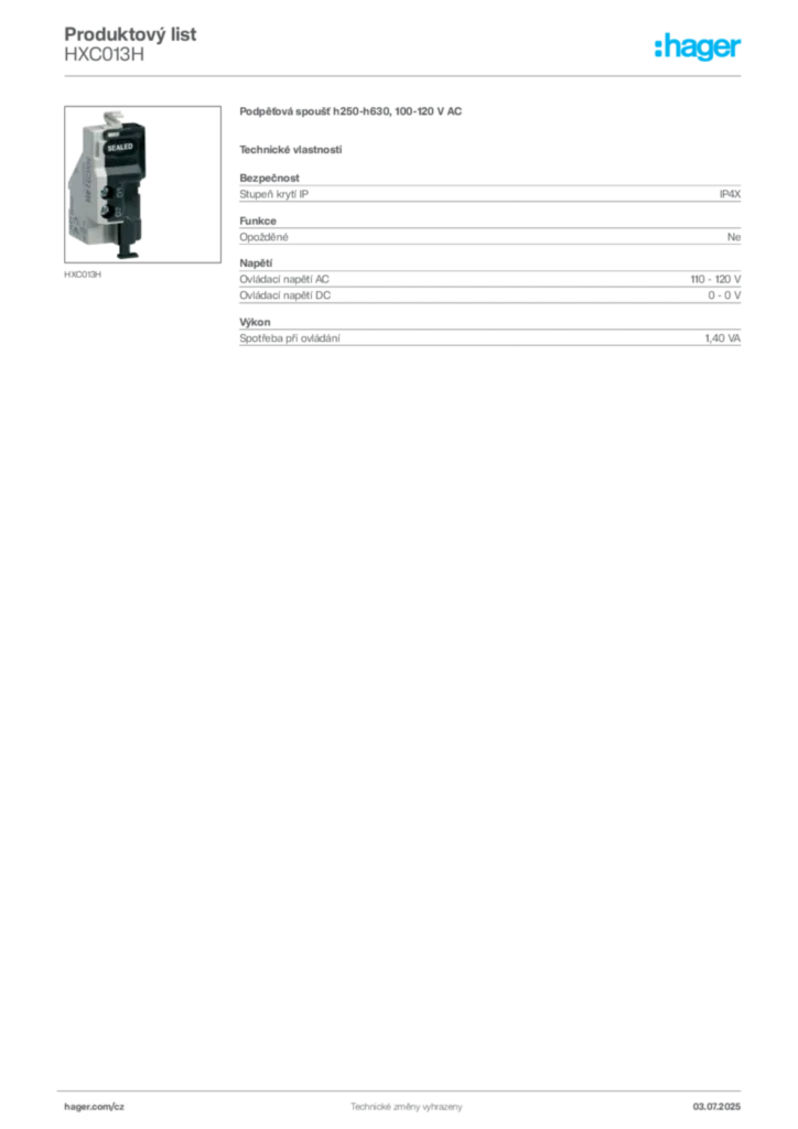 Obrázek Hager Produktový list HXC013H | Hager
