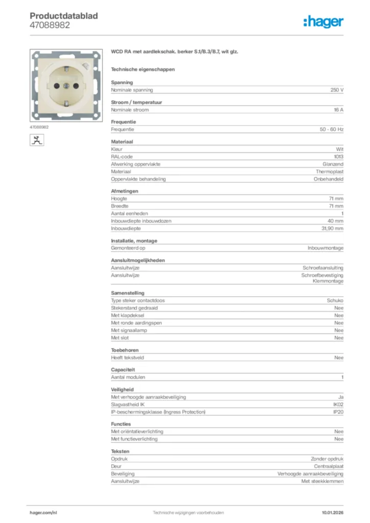 Afbeelding Hager Productdatablad 47088982 | Hager Nederland