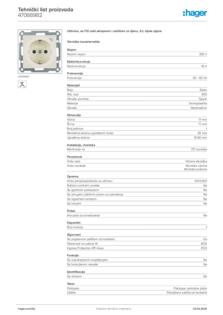 Slika Hager Tehnički list proizvoda 47088982  | Hager