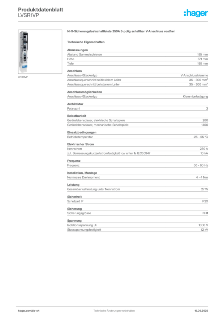 Bild Hager Produktdatenblatt LVSR1VP | Hager Schweiz