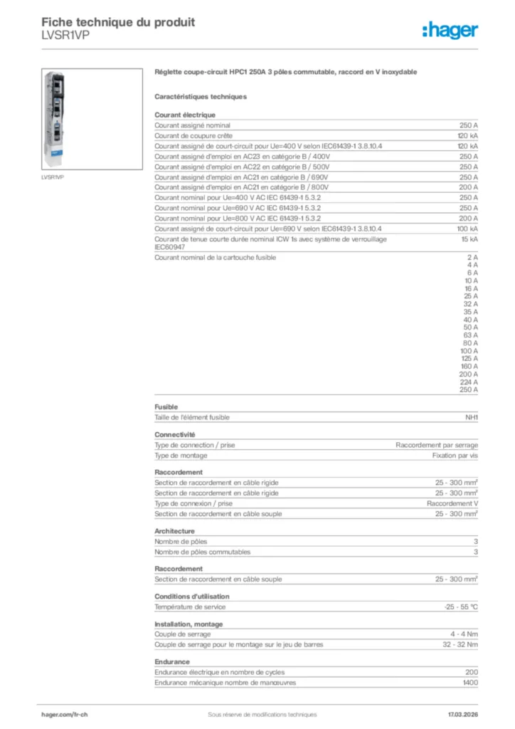 Image Hager Fiche technique du produit LVSR1VP | Hager Suisse